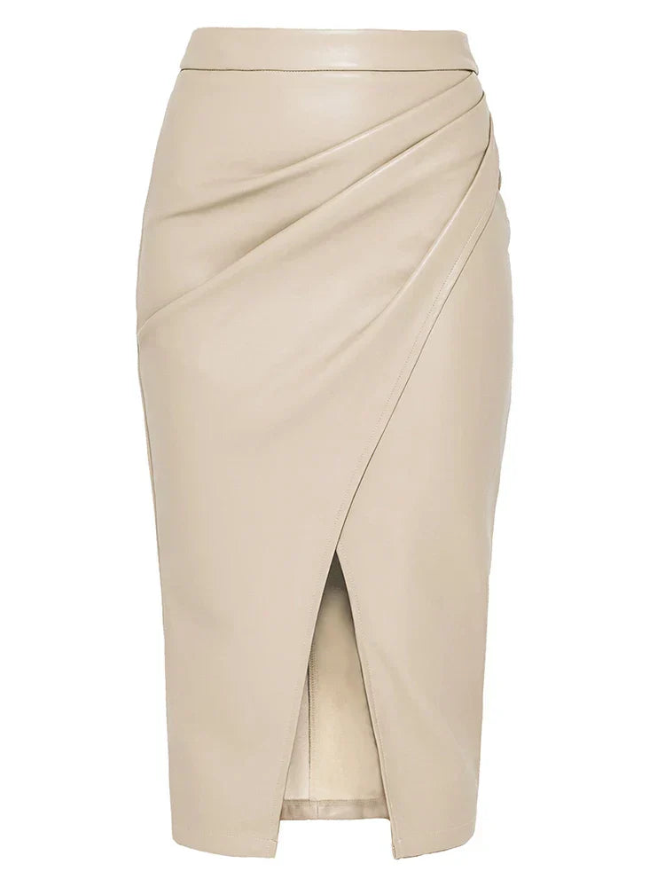 Stella | Women’s draped midi skirt with faux leather and front split