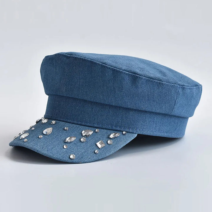 Alana | Women’s denim cabbie hat with gemstone accents