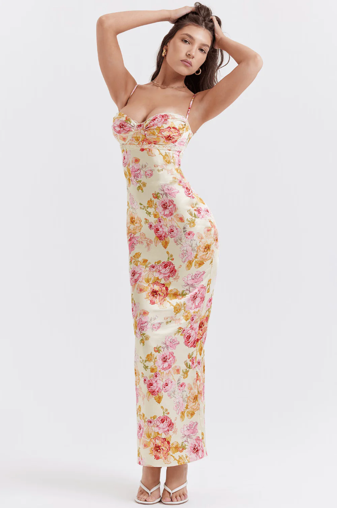 Alicia | Women’s floral maxi dress with flutter sleeves and defined waist