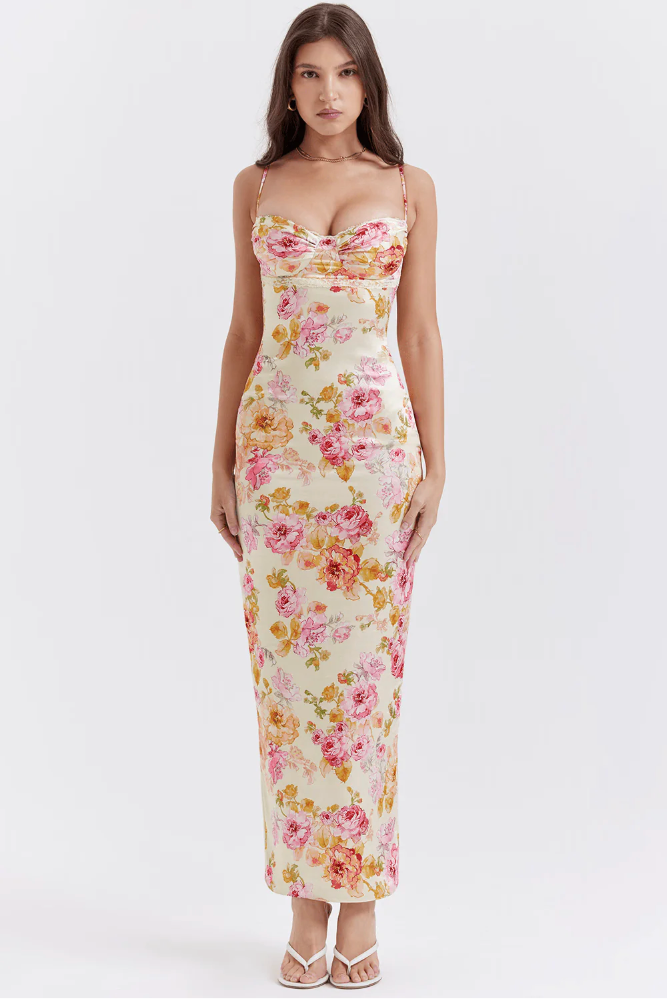 Alicia | Women’s floral maxi dress with flutter sleeves and defined waist