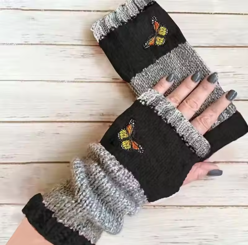 Kellin | Women’s knit fingerless mittens with embroidered patterned detailing