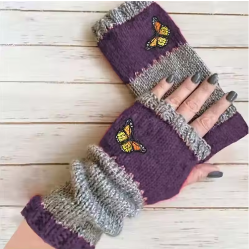 Kellin | Women’s knit fingerless mittens with embroidered patterned detailing