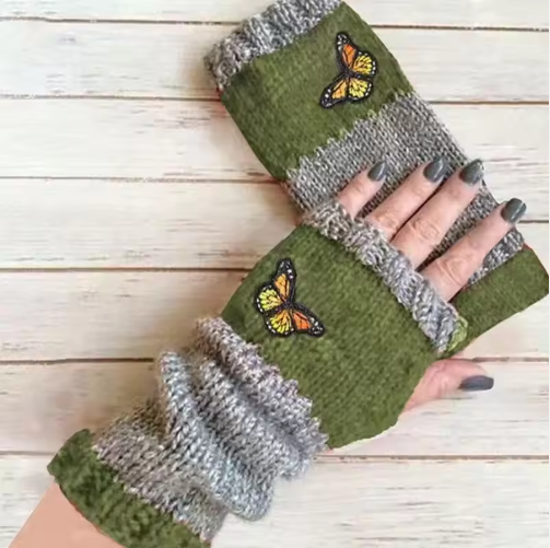 Kellin | Women’s knit fingerless mittens with embroidered patterned detailing