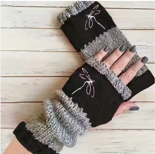 Kellin | Women’s knit fingerless mittens with embroidered patterned detailing