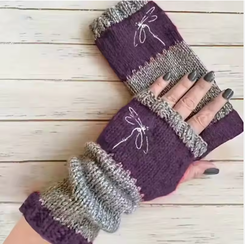 Kellin | Women’s knit fingerless mittens with embroidered patterned detailing