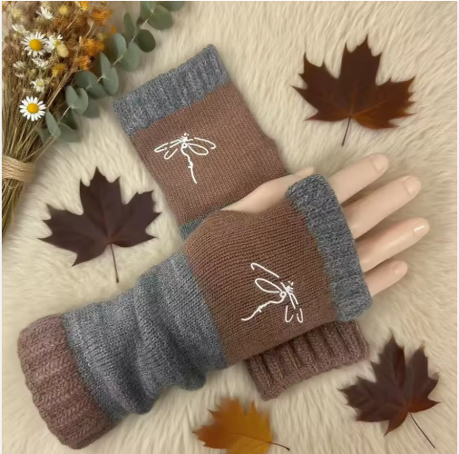 Kellin | Women’s knit fingerless mittens with embroidered patterned detailing