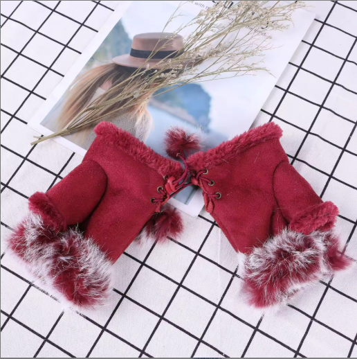 Kylin | Women’s fingerless wrist warmers with plush trim and vibrant patterned detail