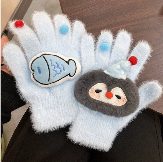 Revie | Women’s plush gloves with character patch and gem accents