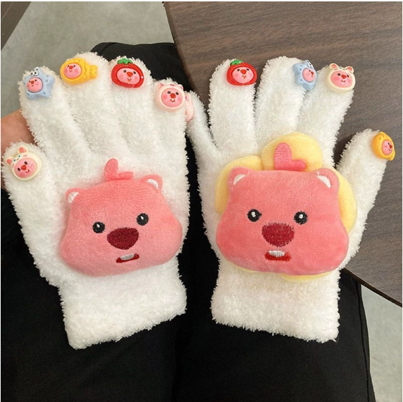 Revie | Women’s plush gloves with character patch and gem accents