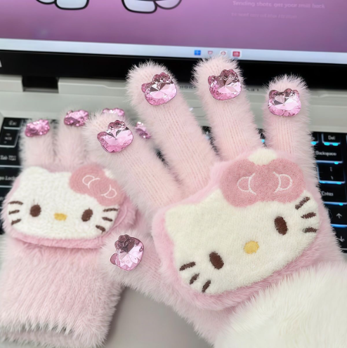 Revie | Women’s plush gloves with character patch and gem accents