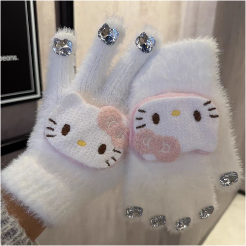 Revie | Women’s plush gloves with character patch and gem accents