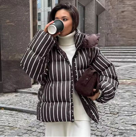 Aessyn | Women’s striped hooded padded jacket with a warm, structured winter profile