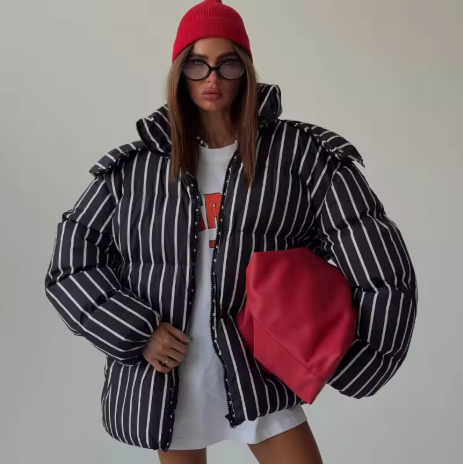 Aessyn | Women’s striped hooded padded jacket with a warm, structured winter profile