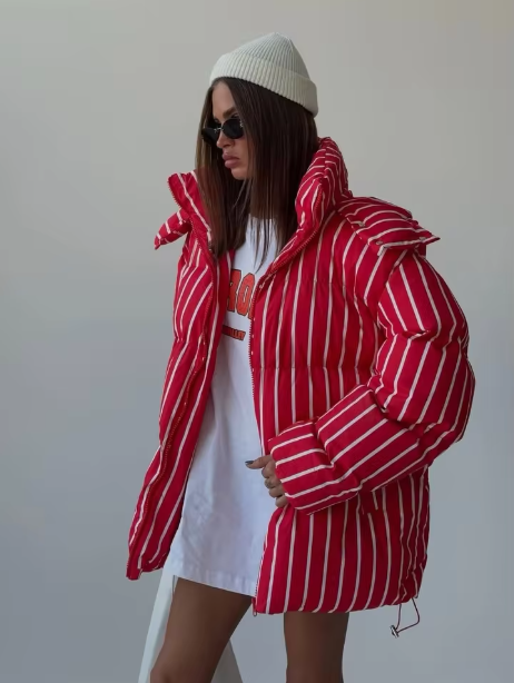 Aessyn | Women’s striped hooded padded jacket with a warm, structured winter profile