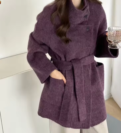 Meyra | Women’s standing-collar wool coat with an asymmetric front and a structured belted profile