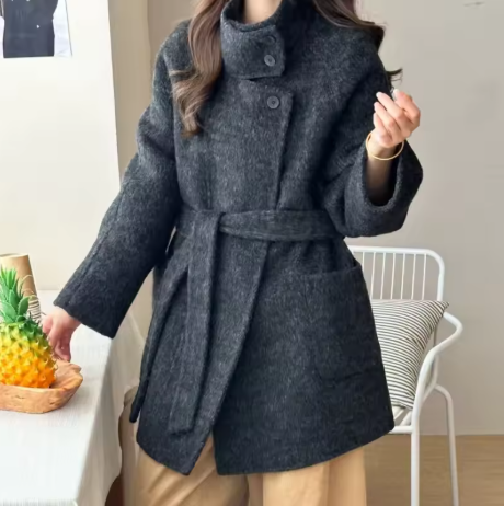 Meyra | Women’s standing-collar wool coat with an asymmetric front and a structured belted profile