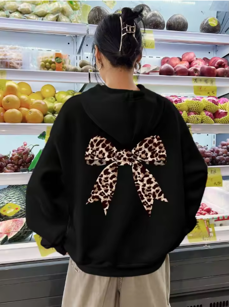 Arvyn | Women’s leopard-bow print hoodie with a relaxed Y2K streetwear profile