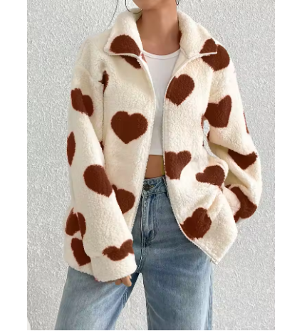 Ovelia | Women’s heart-print plush zip-up jacket with a warm casual profile
