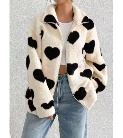 Ovelia | Women’s heart-print plush zip-up jacket with a warm casual profile