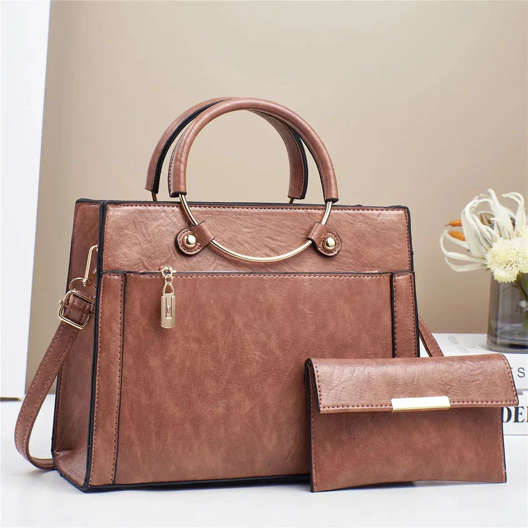 Ada | Women’s structured handbag set with metallic handle detail and matching wallet