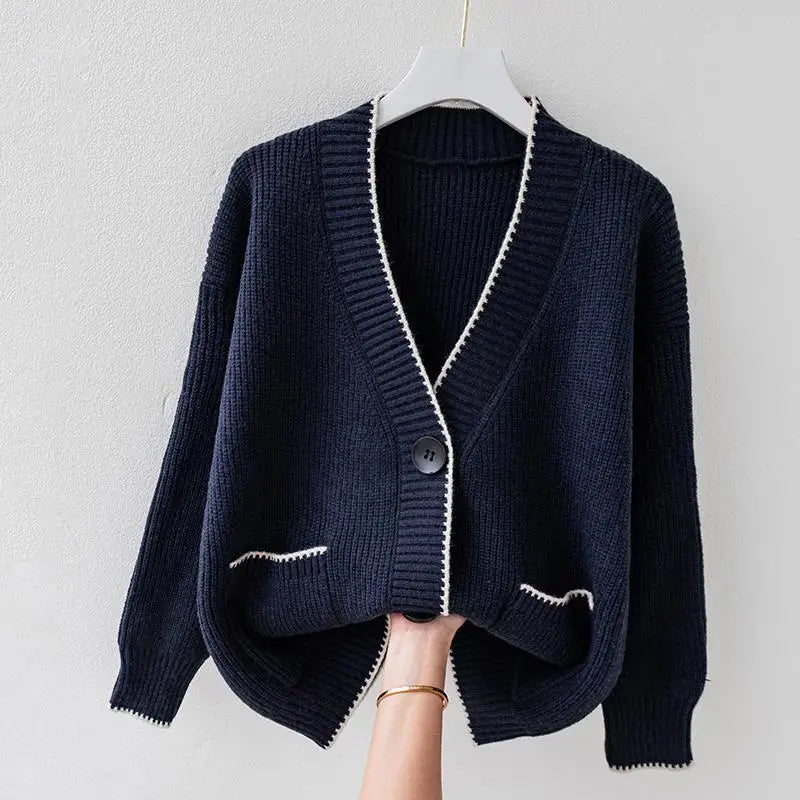 Neriza | Women’s oversized v-neck cardigan with contrast trim