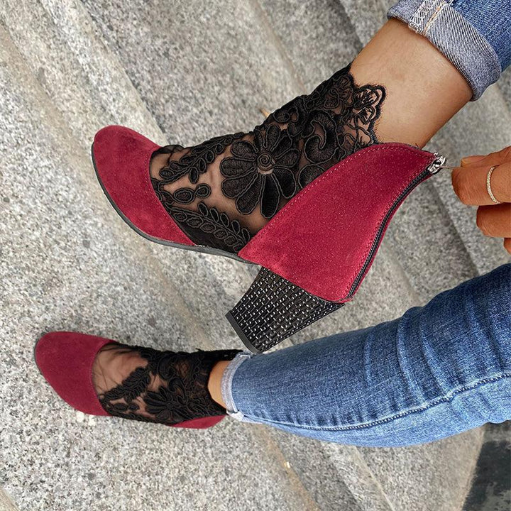 Gladys | Women’s lace ankle boots with floral mesh and block heel