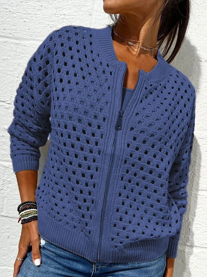 Valerie | Women’s hollow knit zip cardigan with ribbed edges
