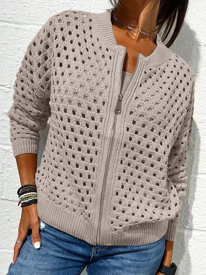 Valerie | Women’s hollow knit zip cardigan with ribbed edges