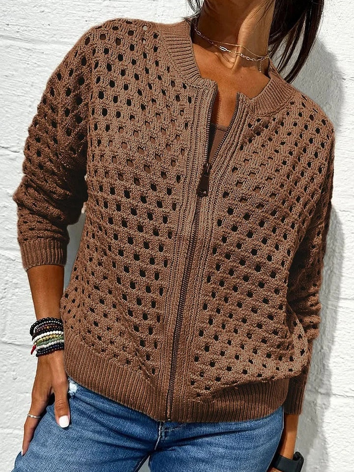Valerie | Women’s hollow knit zip cardigan with ribbed edges