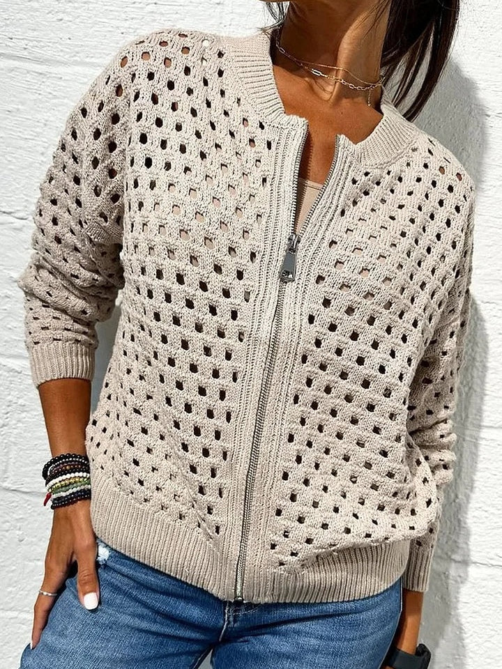 Valerie | Women’s hollow knit zip cardigan with ribbed edges