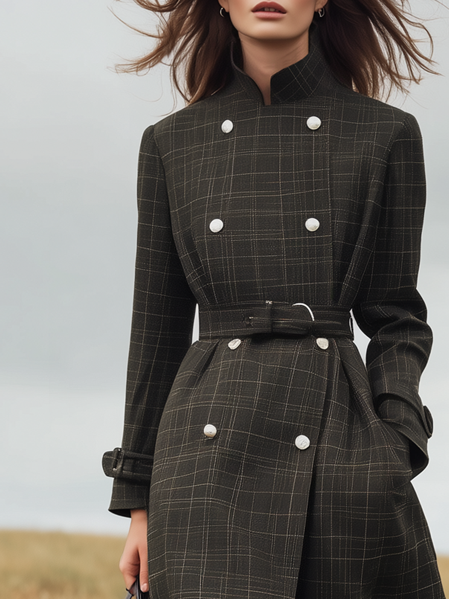 Jewel | Women’s retro plaid trench coat with stand-up collar and double-breasted design