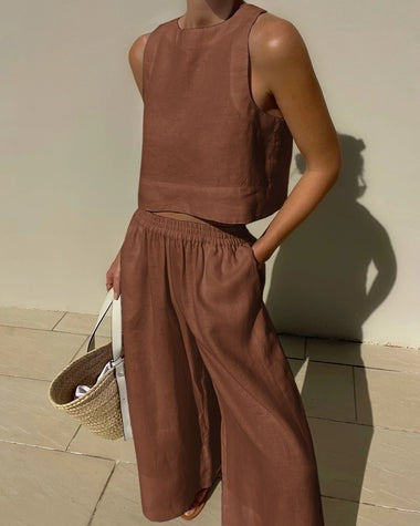 Alessia | Two-piece set with tailored top and wide-leg linen trousers