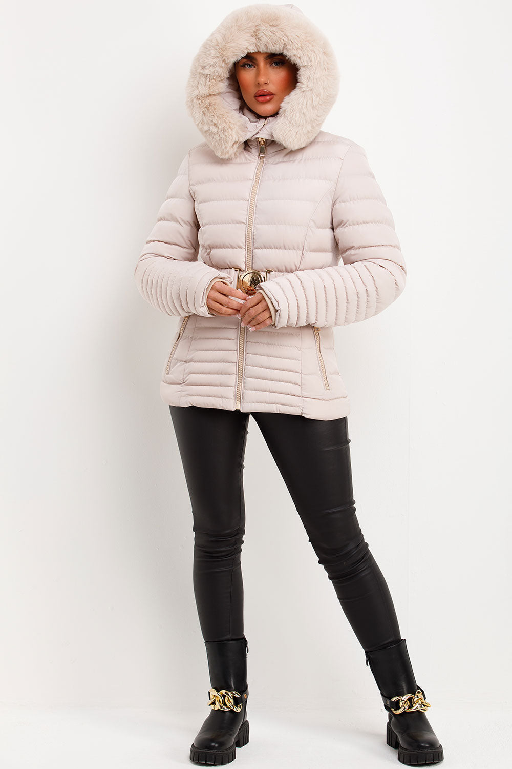 Galilea | Women’s belted puffer jacket with faux fur hood