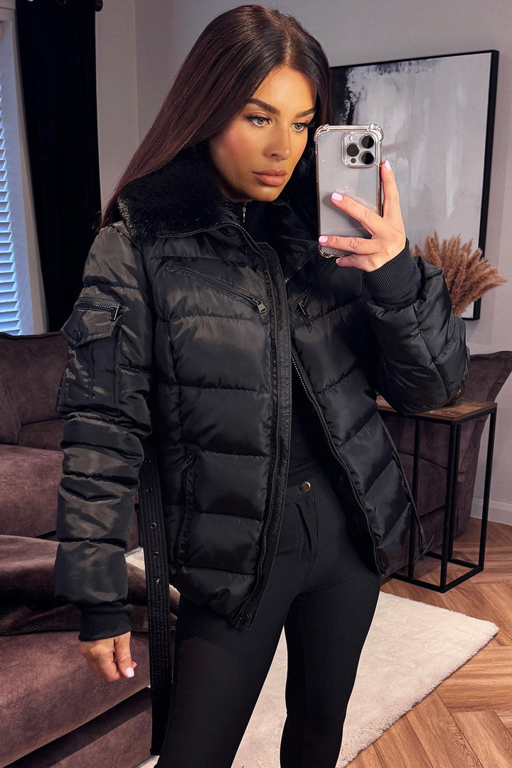Brinlee | Women’s belted puffer jacket with faux fur hood