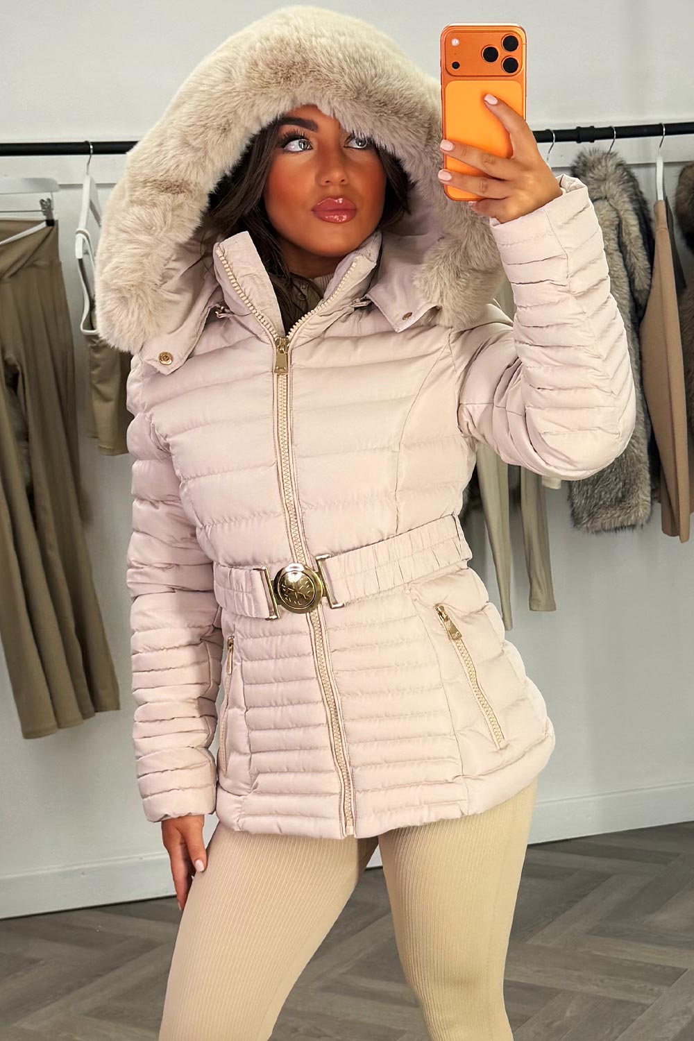 Galilea | Women’s belted puffer jacket with faux fur hood