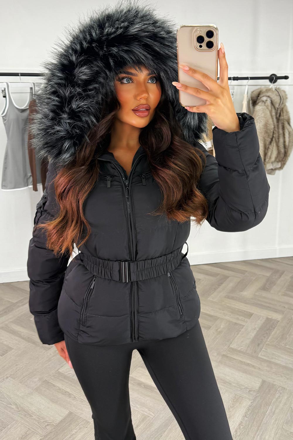 Lux | Women’s belted puffer jacket with faux-fur hood