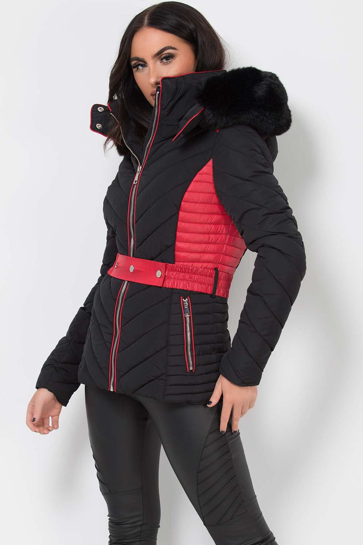 Zyriah | Women’s puffer jacket with faux fur hood and belt