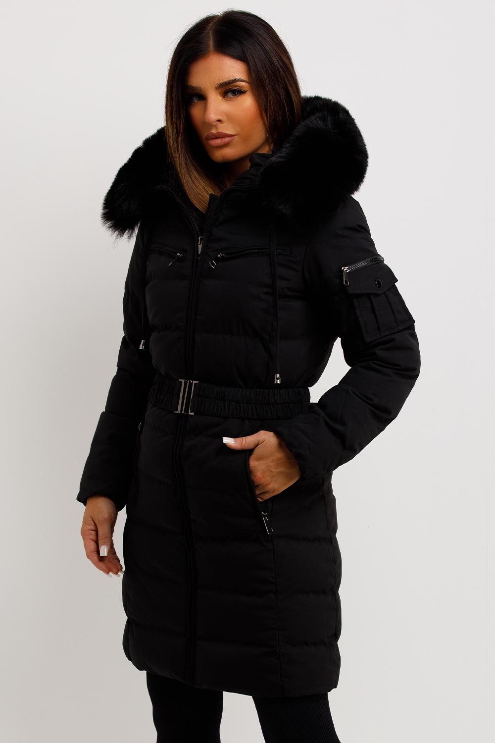 Audrina | Women’s long belted puffer coat with faux-fur hood