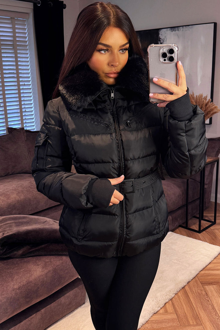 Brinlee | Women’s belted puffer jacket with faux fur hood