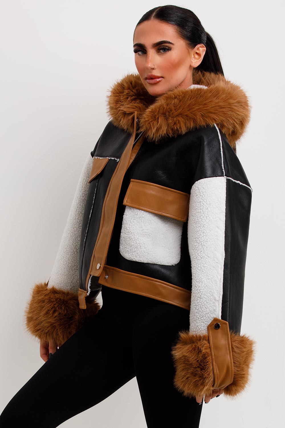 Hadlyn | Women’s shearling faux leather jacket with faux fur hood