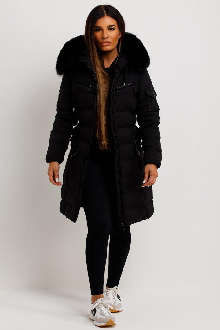 Audrina | Women’s long belted puffer coat with faux-fur hood