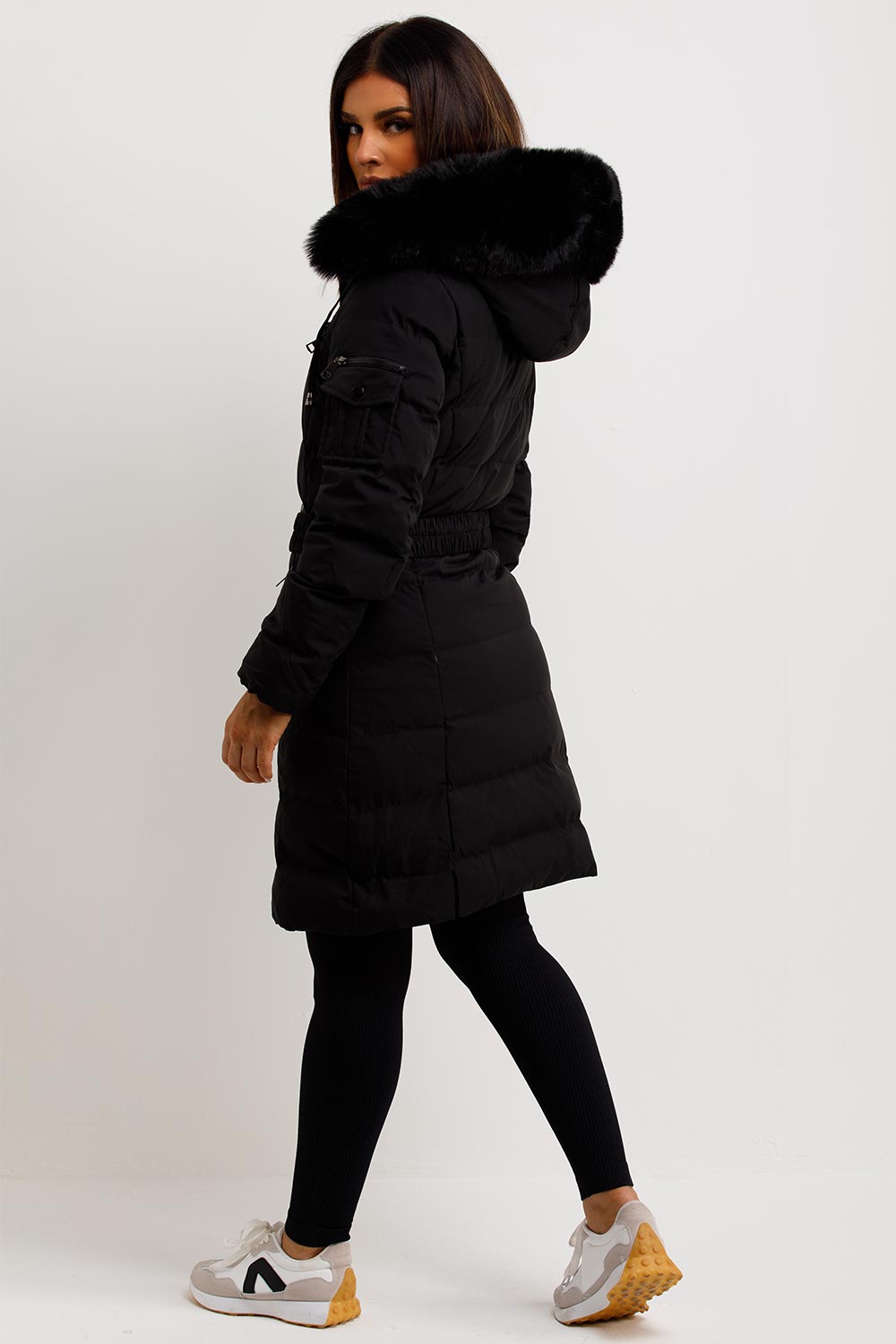 Audrina | Women’s long belted puffer coat with faux-fur hood