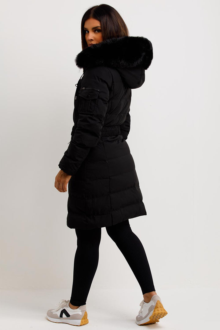 Audrina | Women’s long belted puffer coat with faux-fur hood