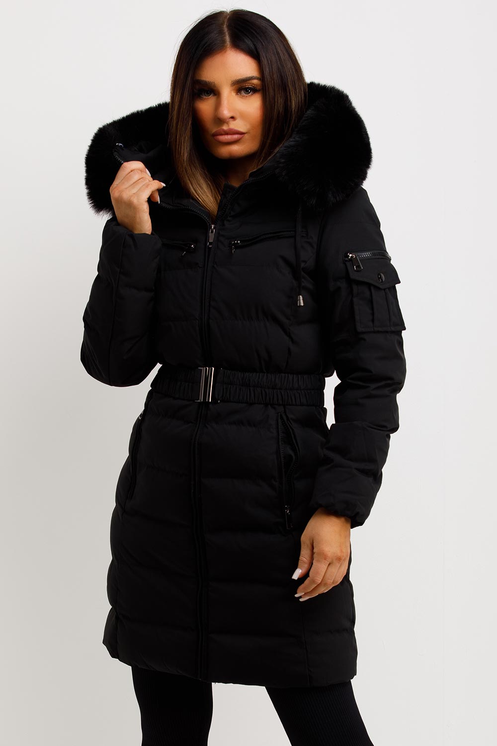 Audrina | Women’s long belted puffer coat with faux-fur hood