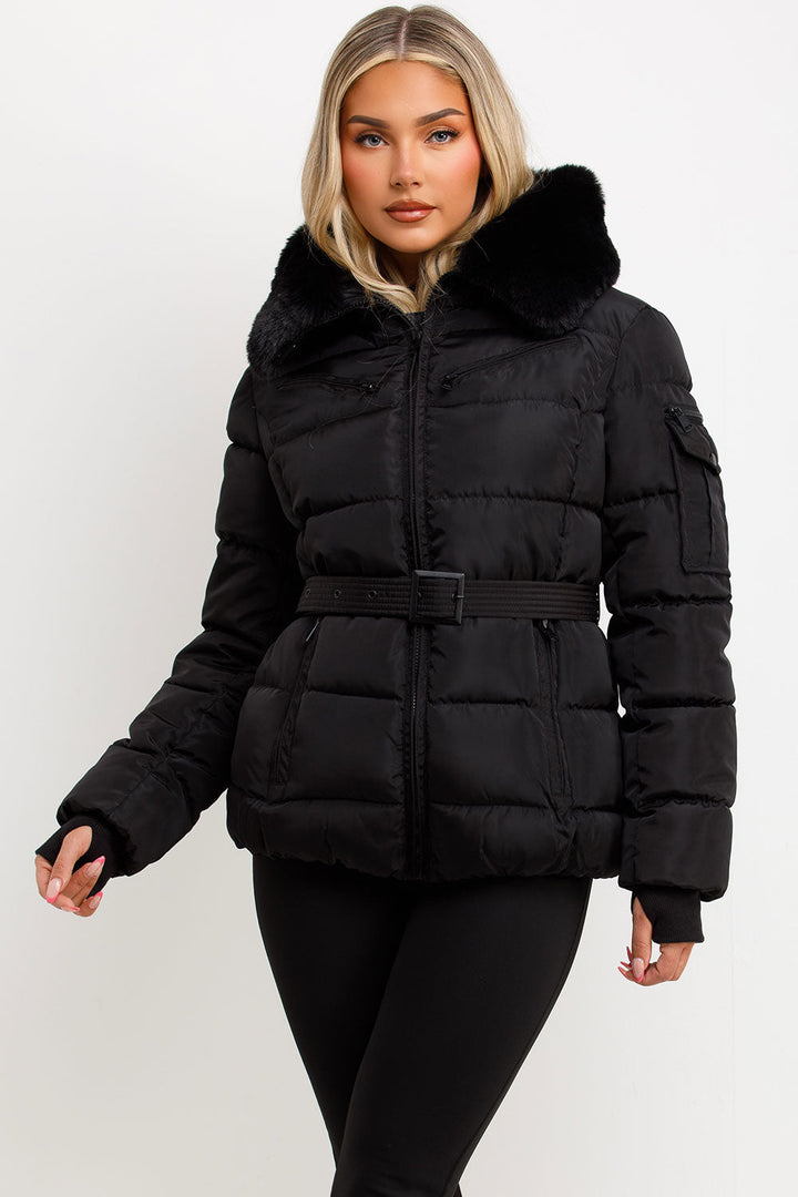 Brinlee | Women’s belted puffer jacket with faux fur hood
