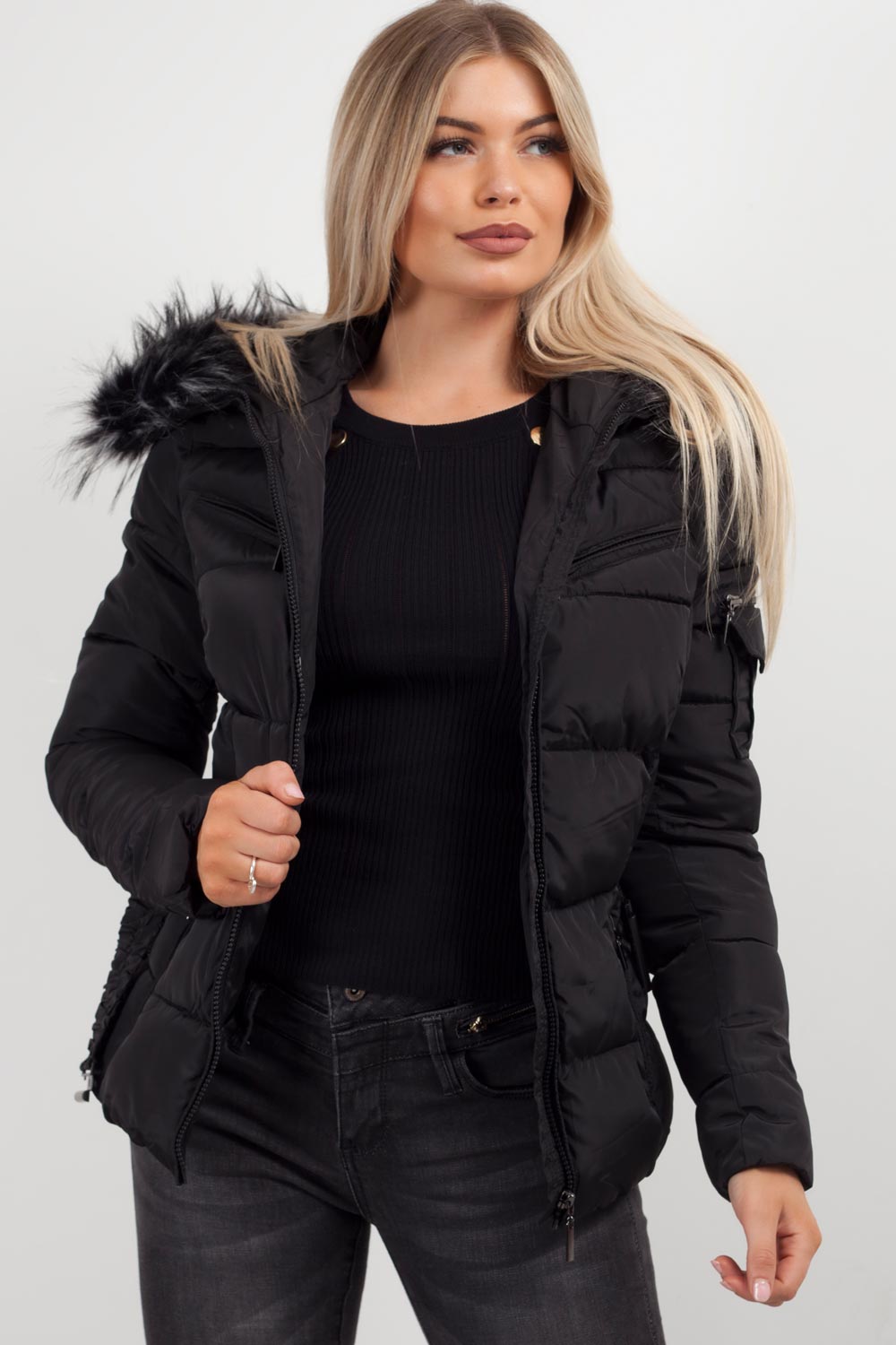 Lux | Women’s belted puffer jacket with faux-fur hood