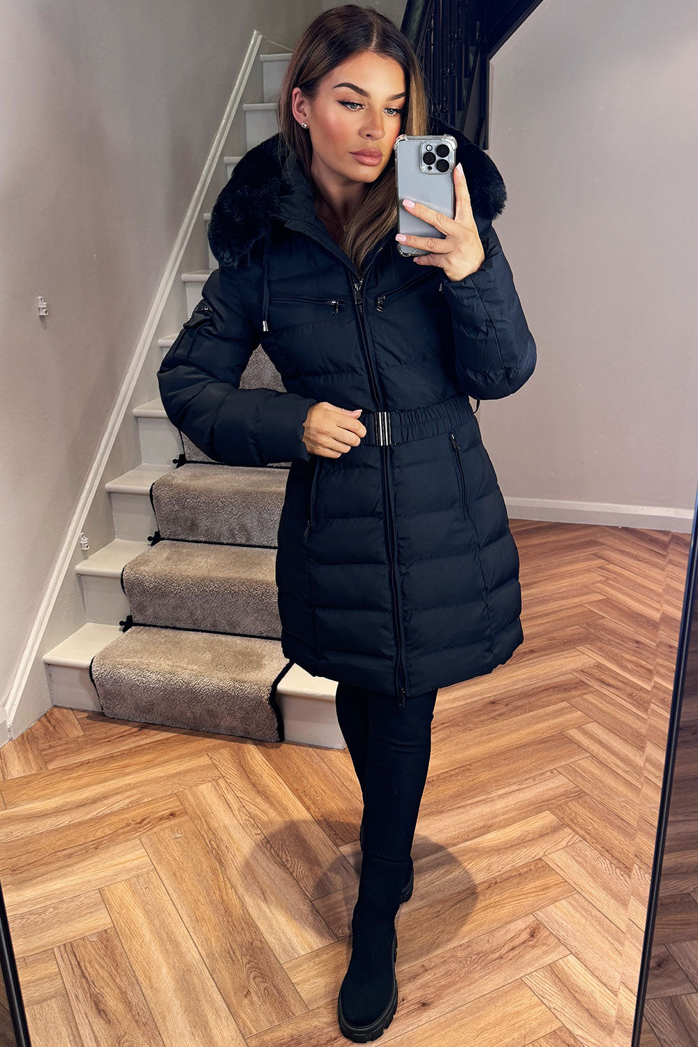 Audrina | Women’s long belted puffer coat with faux-fur hood