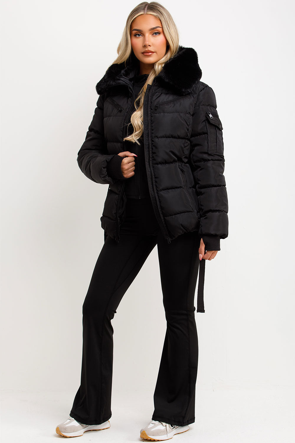 Brinlee | Women’s belted puffer jacket with faux fur hood