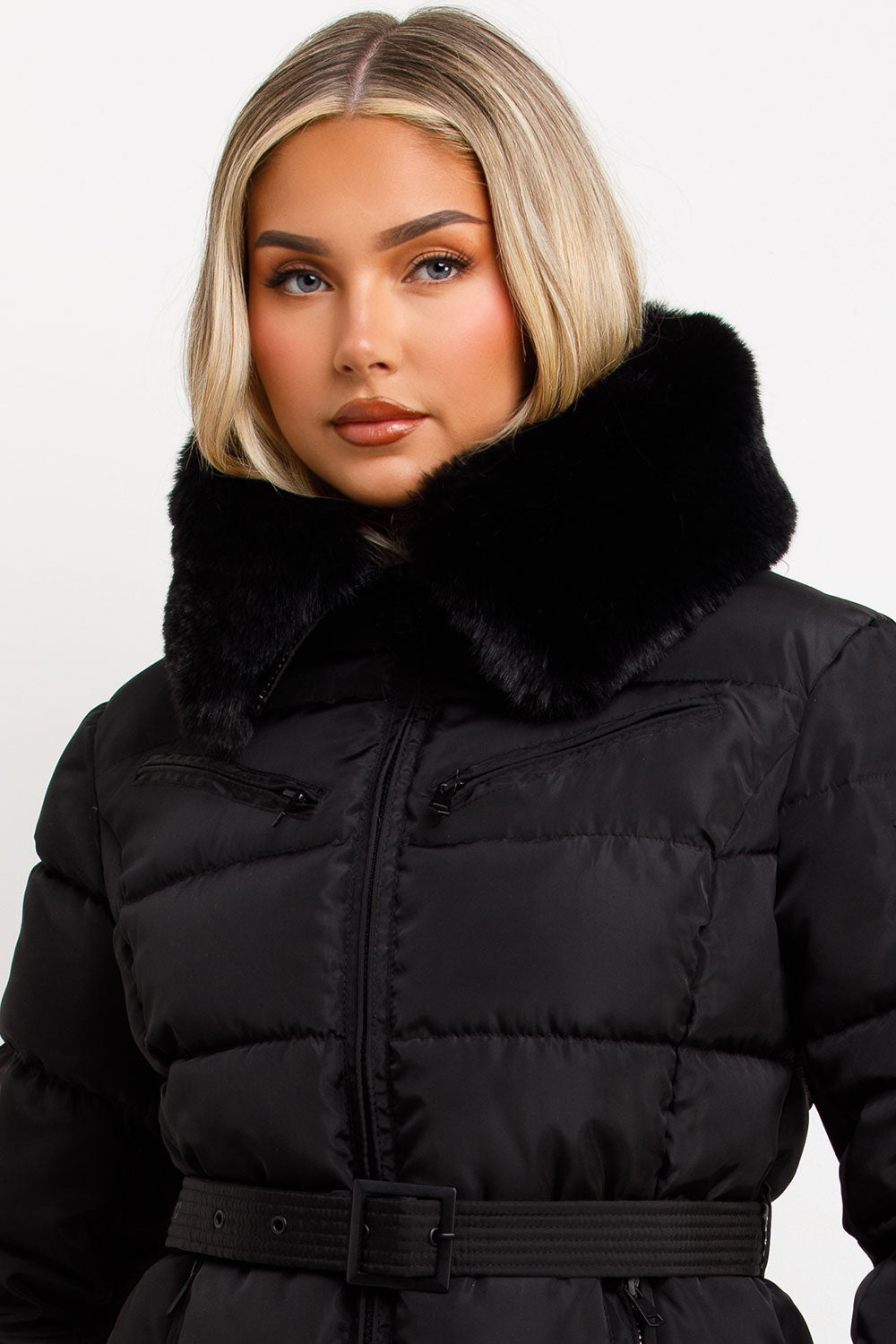 Brinlee | Women’s belted puffer jacket with faux fur hood