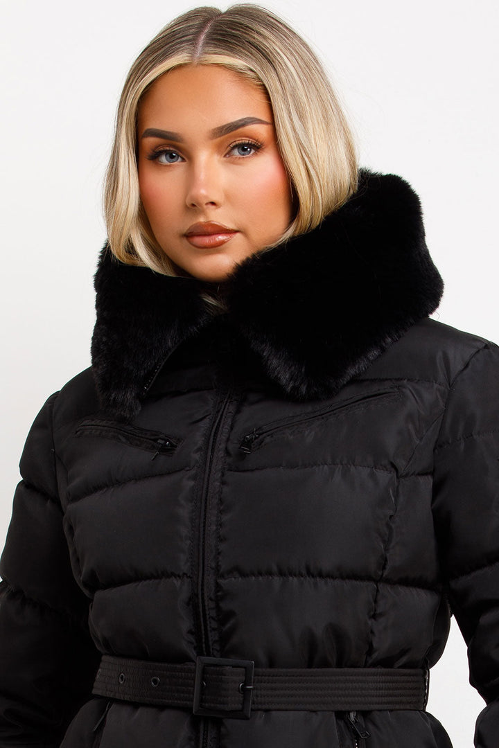 Brinlee | Women’s belted puffer jacket with faux fur hood
